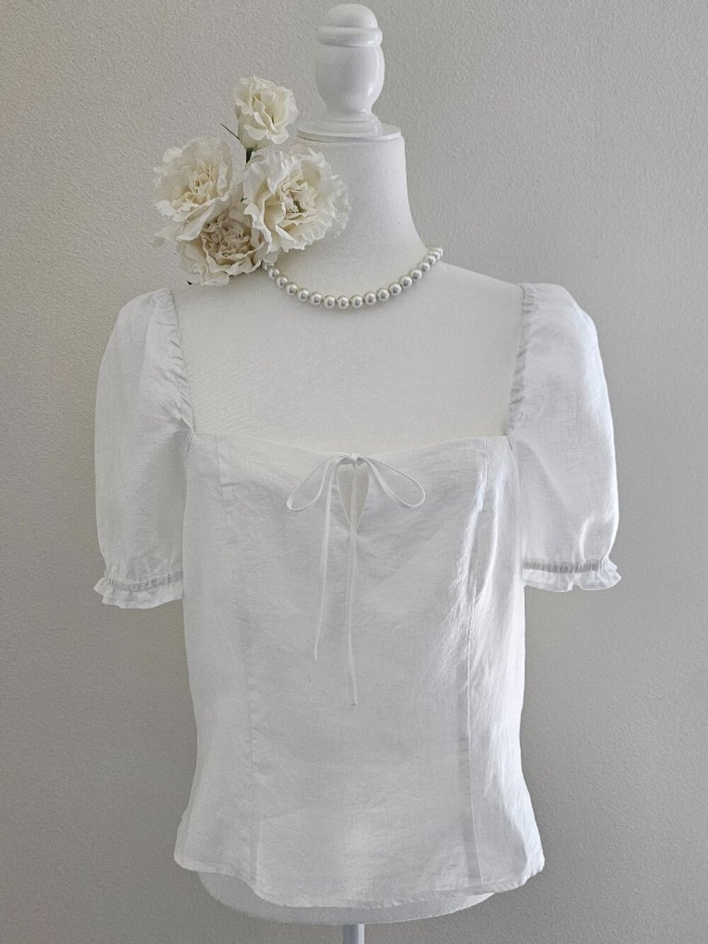 H&M White Linen Blend Smocked Peasant Top - Size L